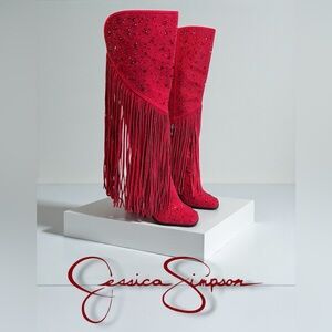 Jessica Simpson Size 6.5 M Asire Fringe Boot Sparkly WICKED RED & New!